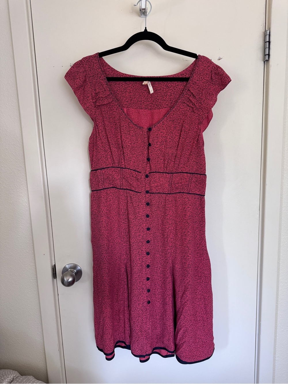 Maeve Pink Button-Front Women’s Dress with Navy Trim